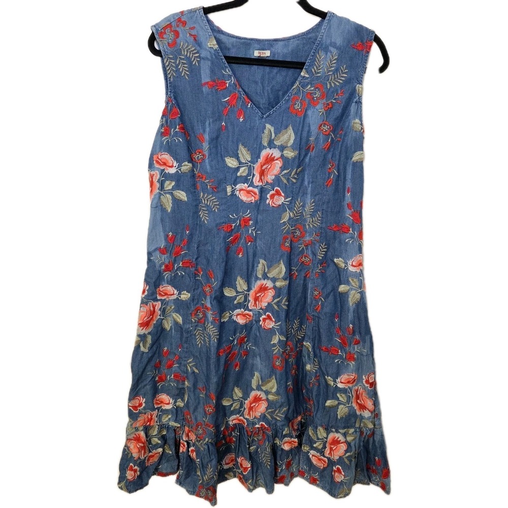 Reba Women 12 Embroidered Chambray Denim Dress Floral Western Country Ruffle Hem